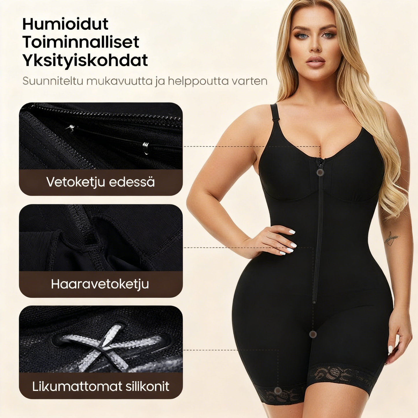 Vatsaa hallitseva pakaralihasten kohottaja vetoketjulla ja haaroilla, fajas colombianas