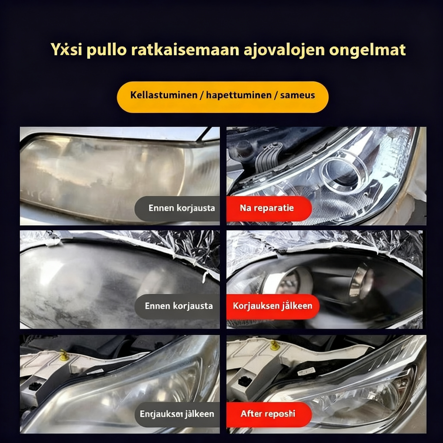 Auton ajovalojen kunnostusnestepakkaus