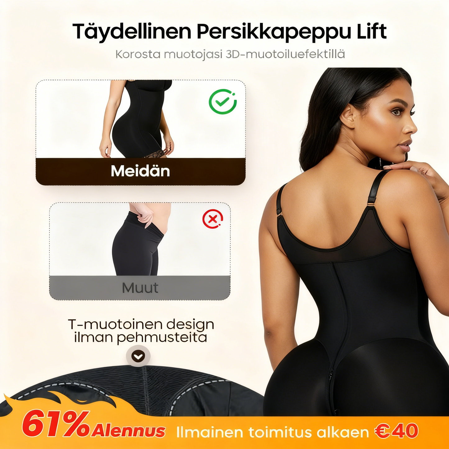 Vatsaa hallitseva pakaralihasten kohottaja vetoketjulla ja haaroilla, fajas colombianas