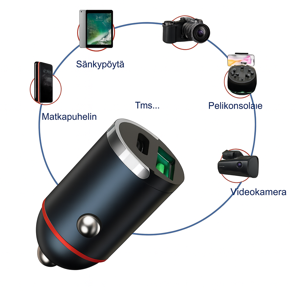 Kompakti 2-porttinen pikalaturi liikkeelläoloon