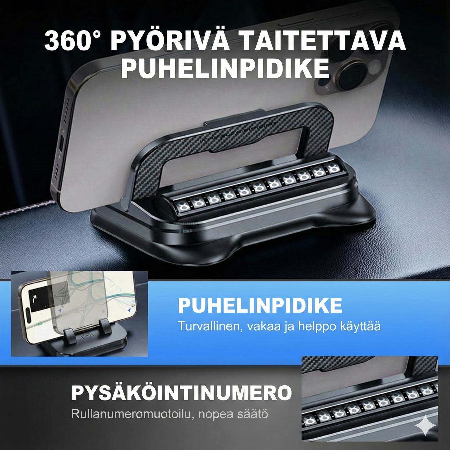 360° kääntyvä, kokoontaitettava puhelinteline