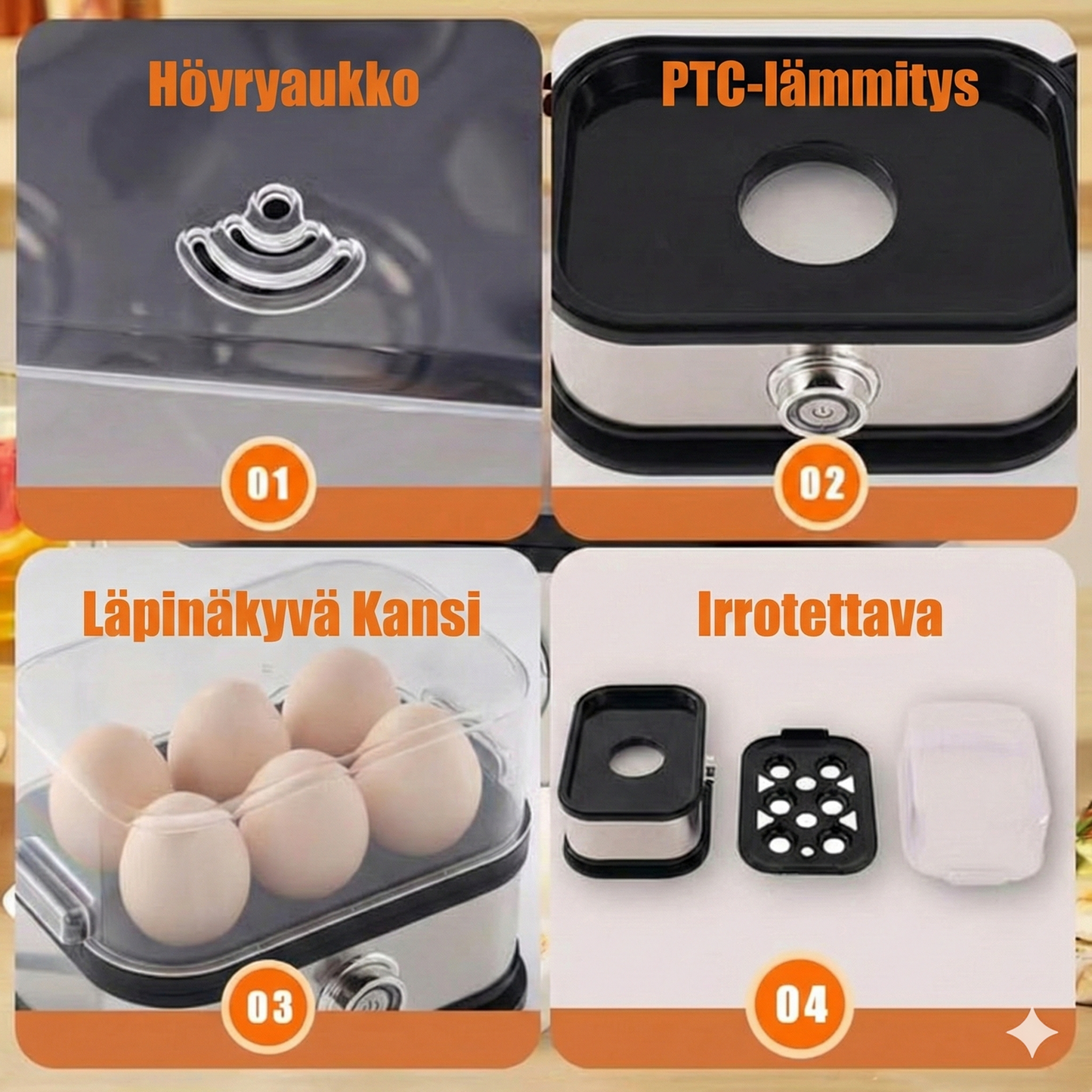 Monitoiminen munankeitin läpinäkyvällä kannella