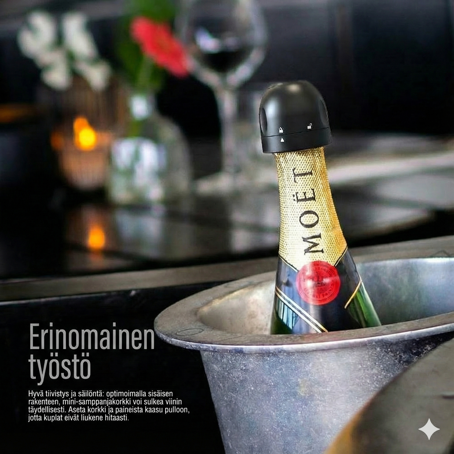 Silikonitiiviste viini-/samppanjapulloille