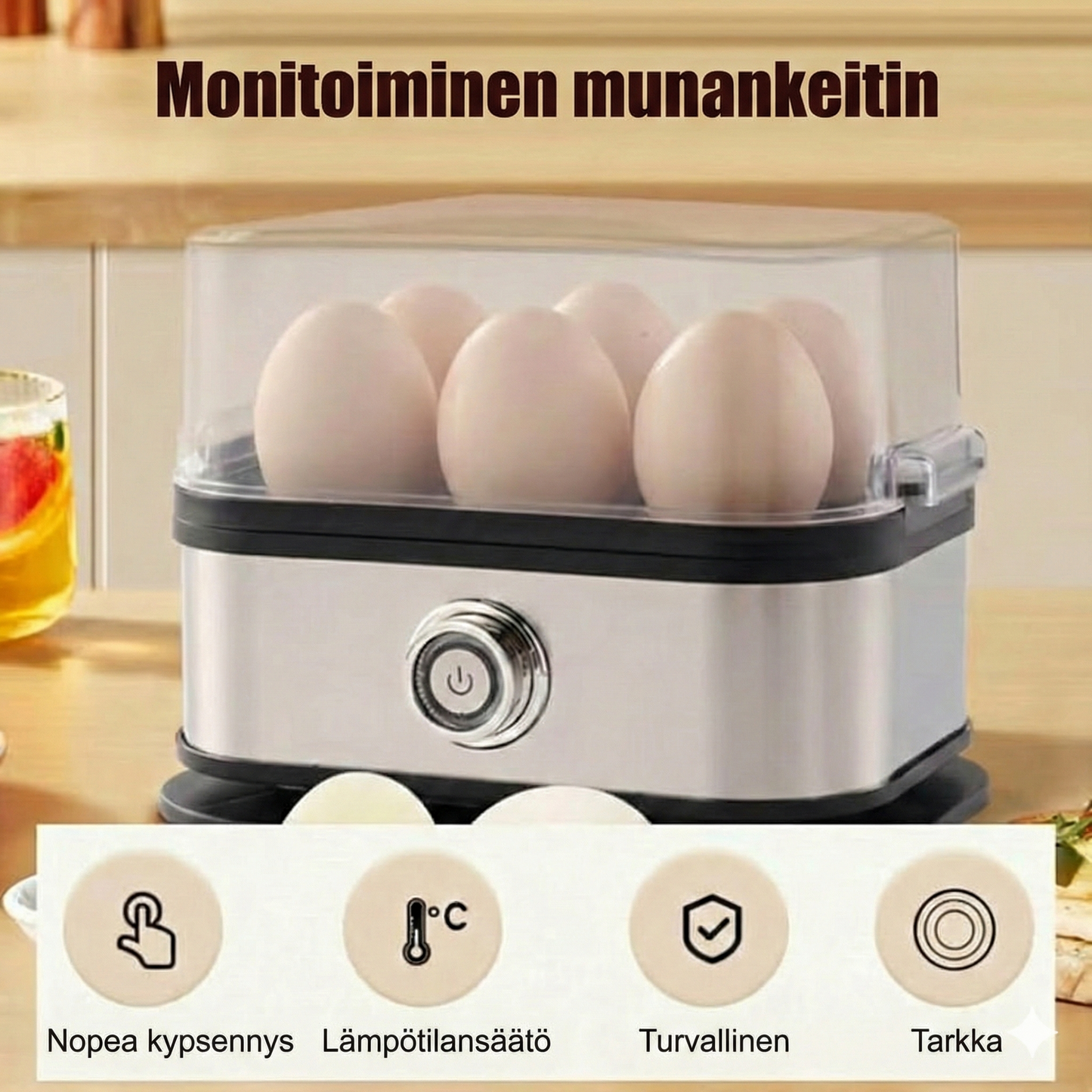 Monitoiminen munankeitin läpinäkyvällä kannella