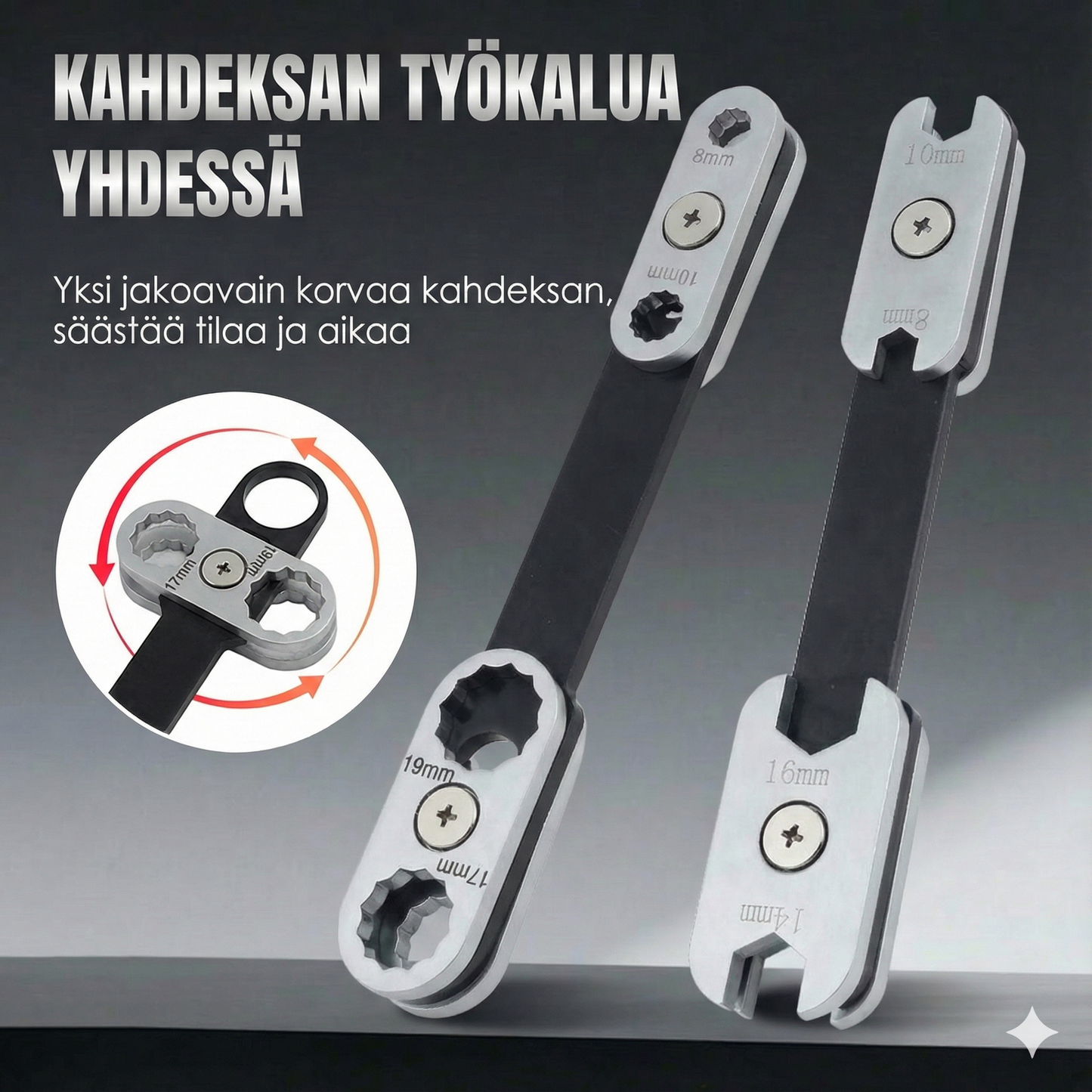 Monitoiminen säädettävä jakoavain autoille