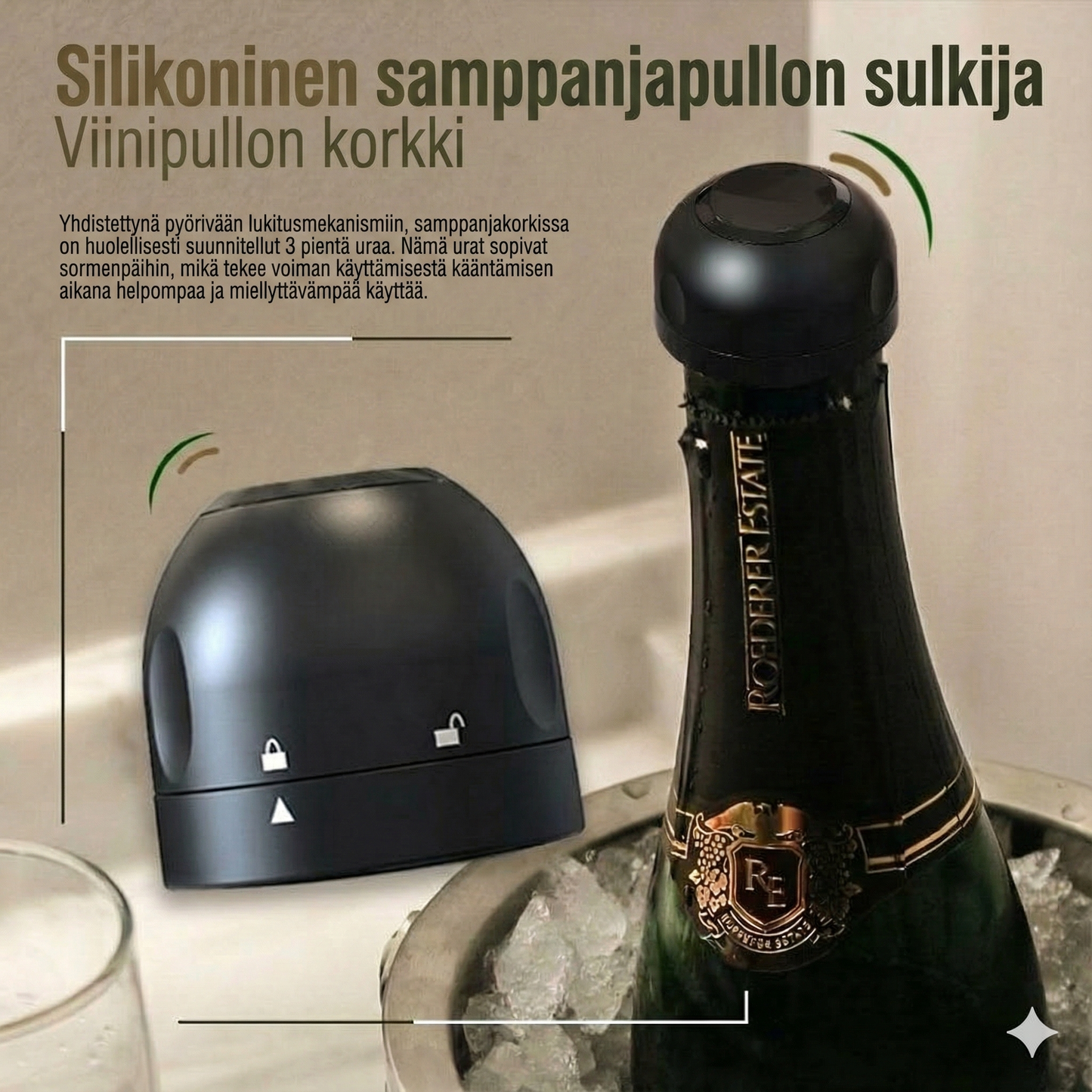Silikonitiiviste viini-/samppanjapulloille