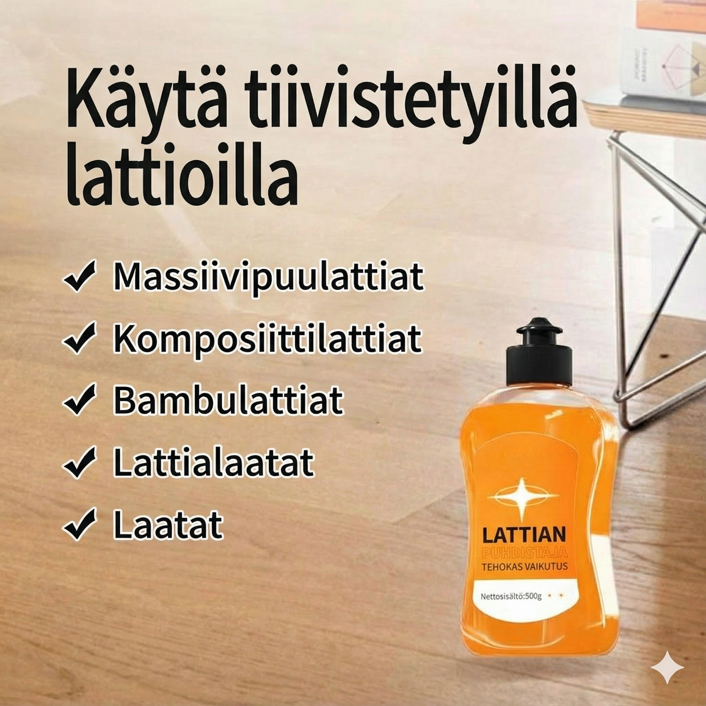 Tiivistetty lattianpuhdistusaine: 99,9 % antibakteerinen ja antaa välittömän kiillon