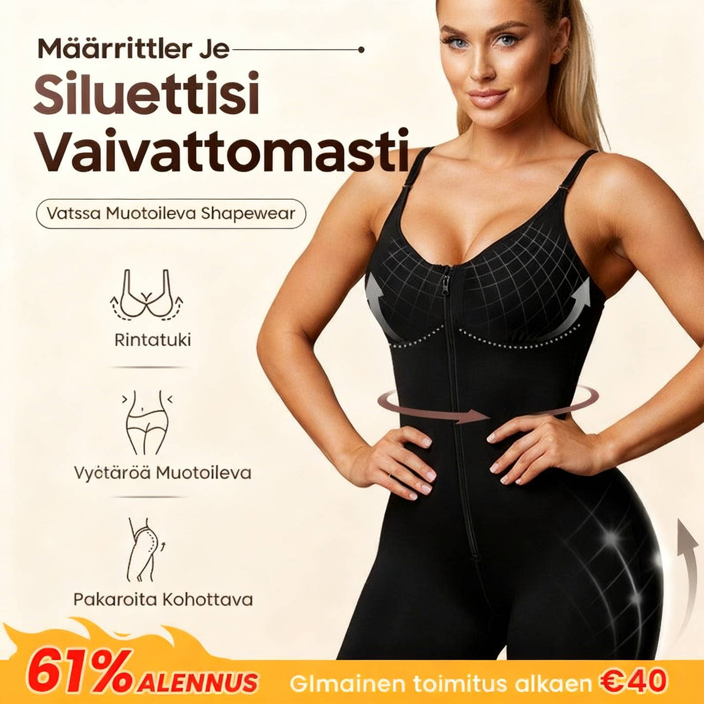 Vatsaa hallitseva pakaralihasten kohottaja vetoketjulla ja haaroilla, fajas colombianas