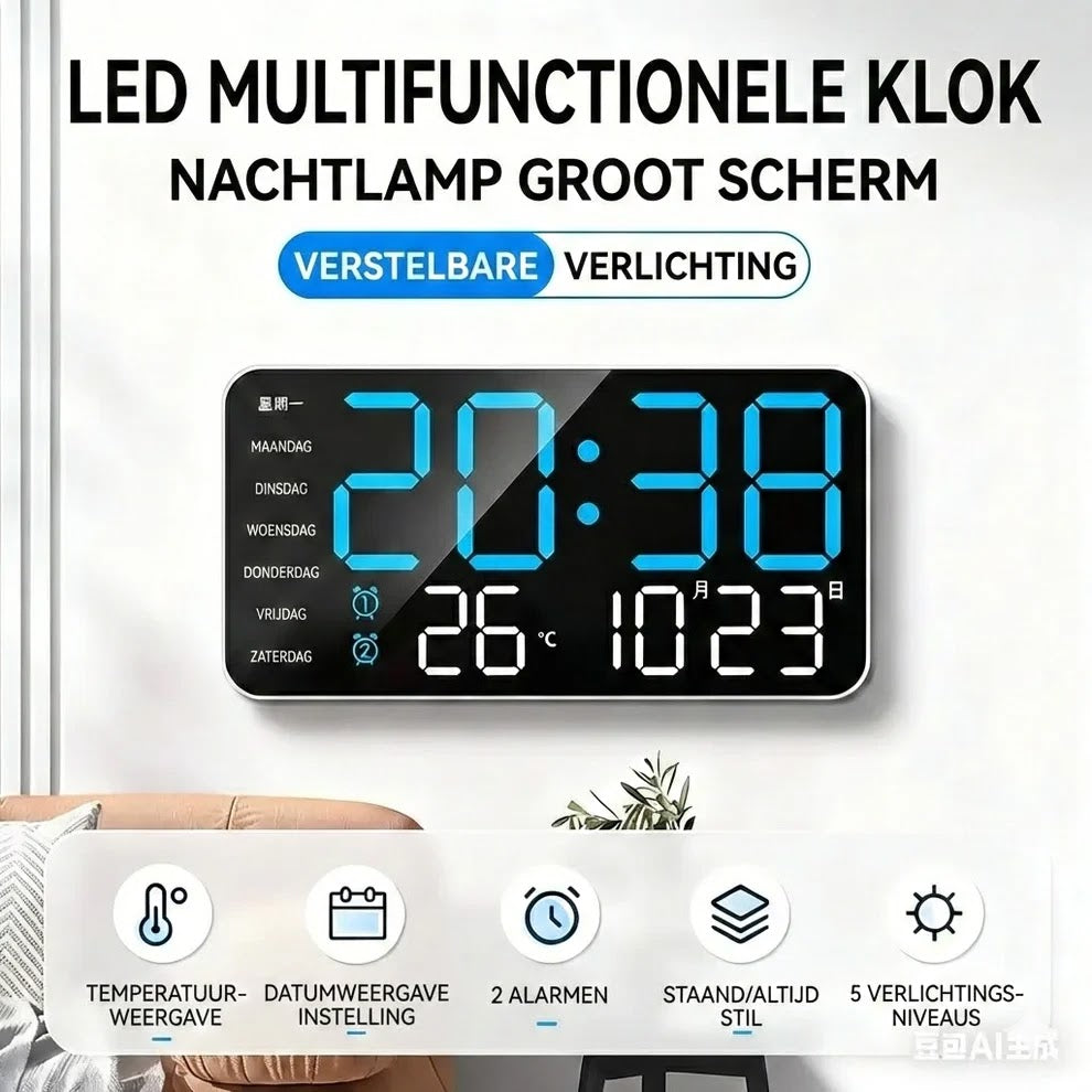 Monitoiminen koristeellinen digitaalinen LED-seinäkello