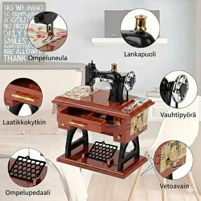 Puinen miniompelukone-soittorasia