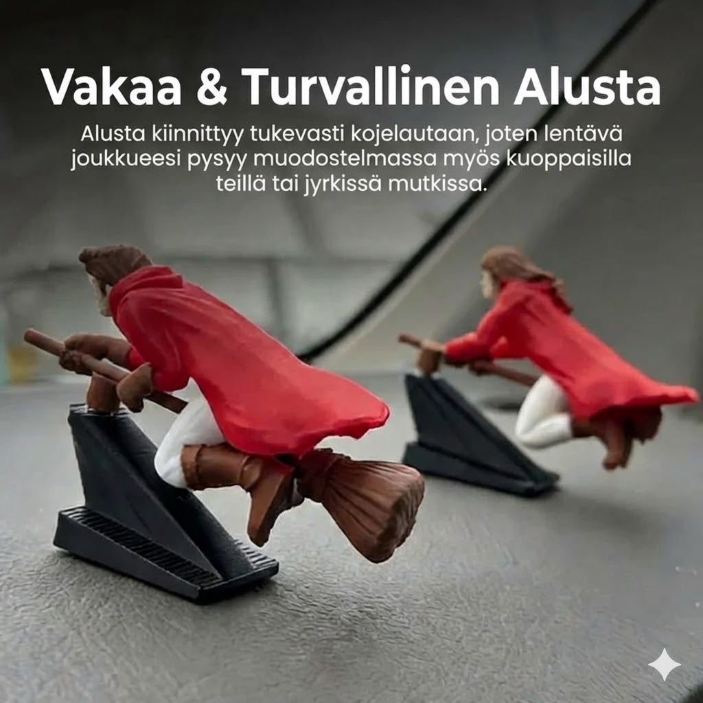 Maaginen luudanvarsikoriste auton kojelaudalle