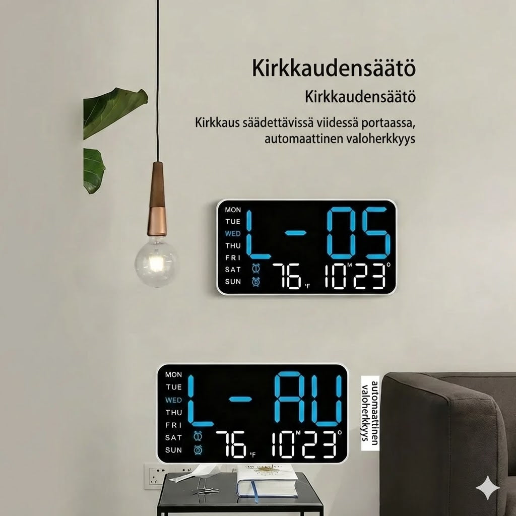 Monitoiminen koristeellinen digitaalinen LED-seinäkello