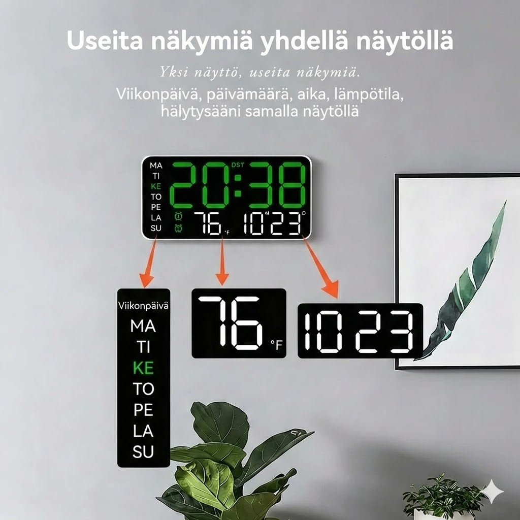 Monitoiminen koristeellinen digitaalinen LED-seinäkello