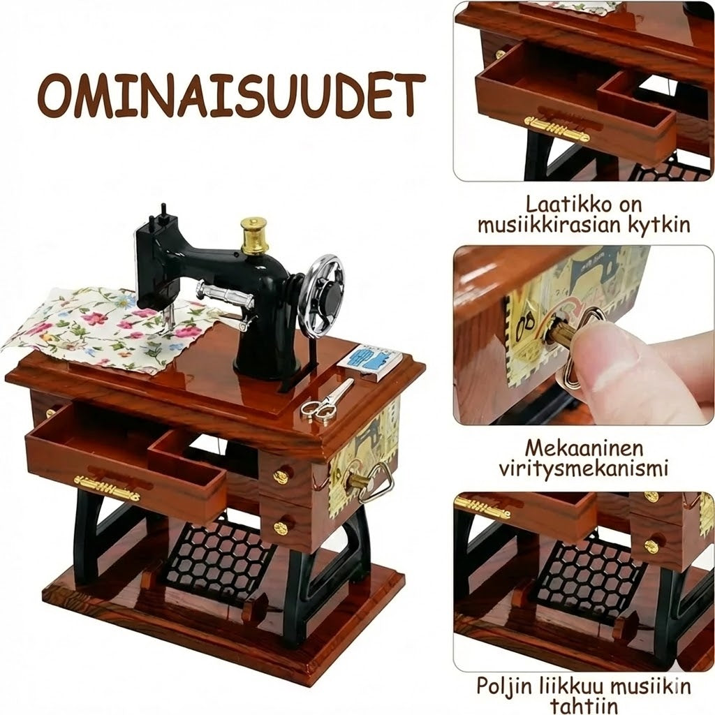 Puinen miniompelukone-soittorasia